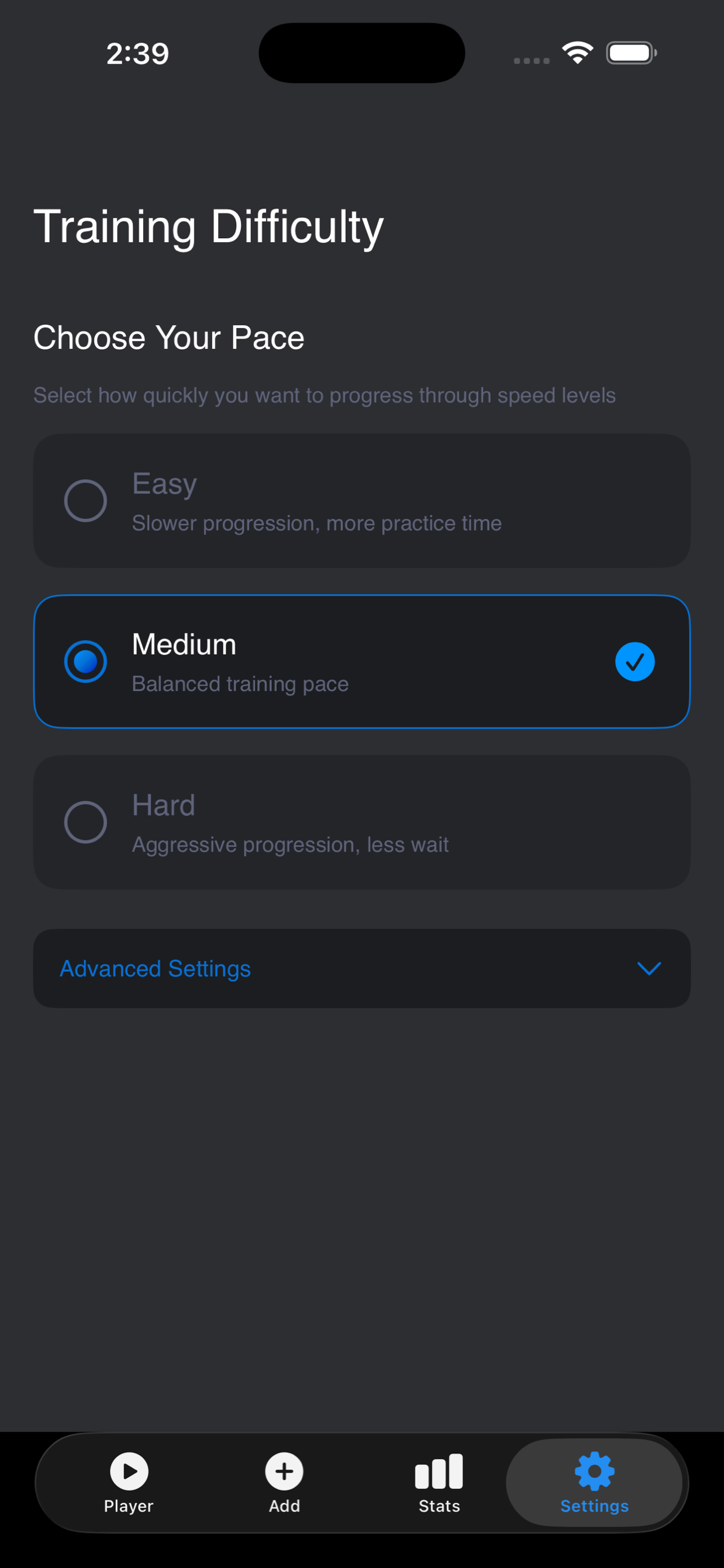 Training settings showing difficulty options: Easy, Medium, and Hard